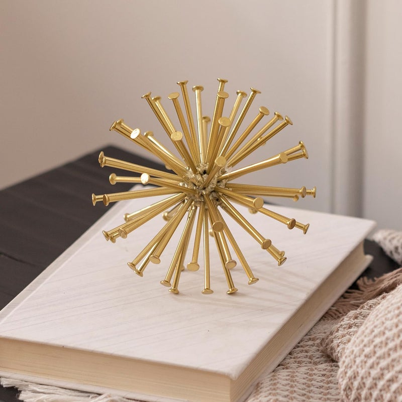 TICKCACY 4.5” Metal Spike Sphere Tabletop Decor, Gold Geometric Decorative Ball, Abstract Sculpture Table Decorations for Home, Art Decor Orb for Living Room Bedroom Office - Image 1